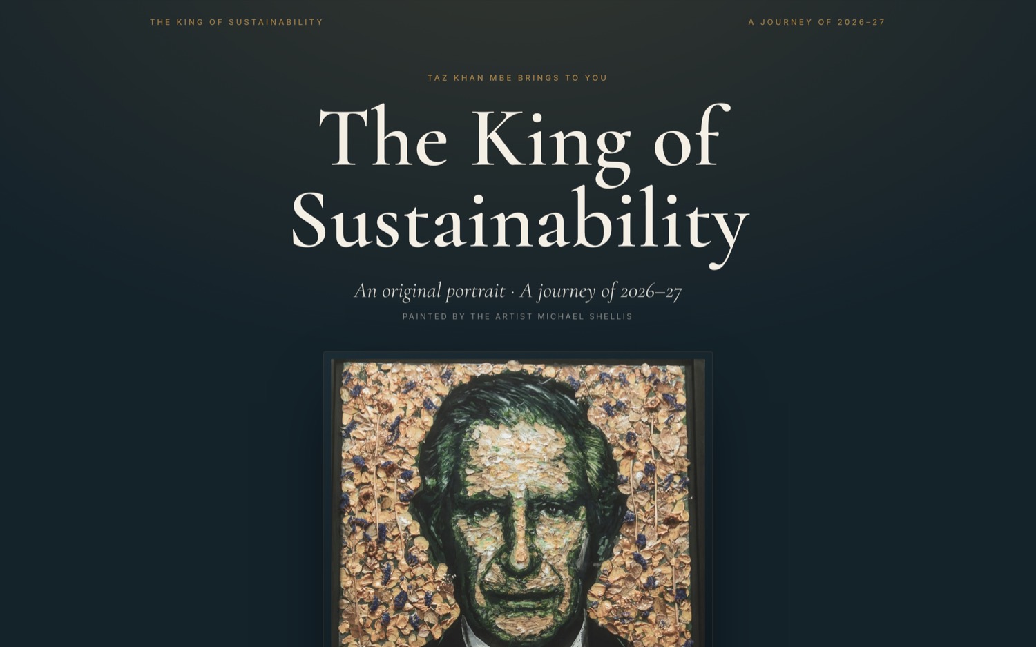 The kingofsustainability.com website: an editorial hero page introducing the portrait